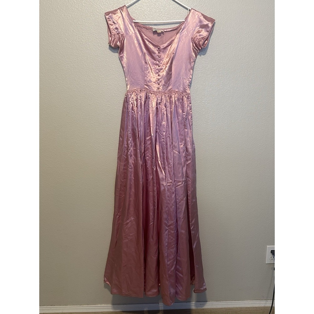 1950s Emma‎ Domb Pink Satin Gown Formal Dress Full Skirt Glinda Debutant sz.S
